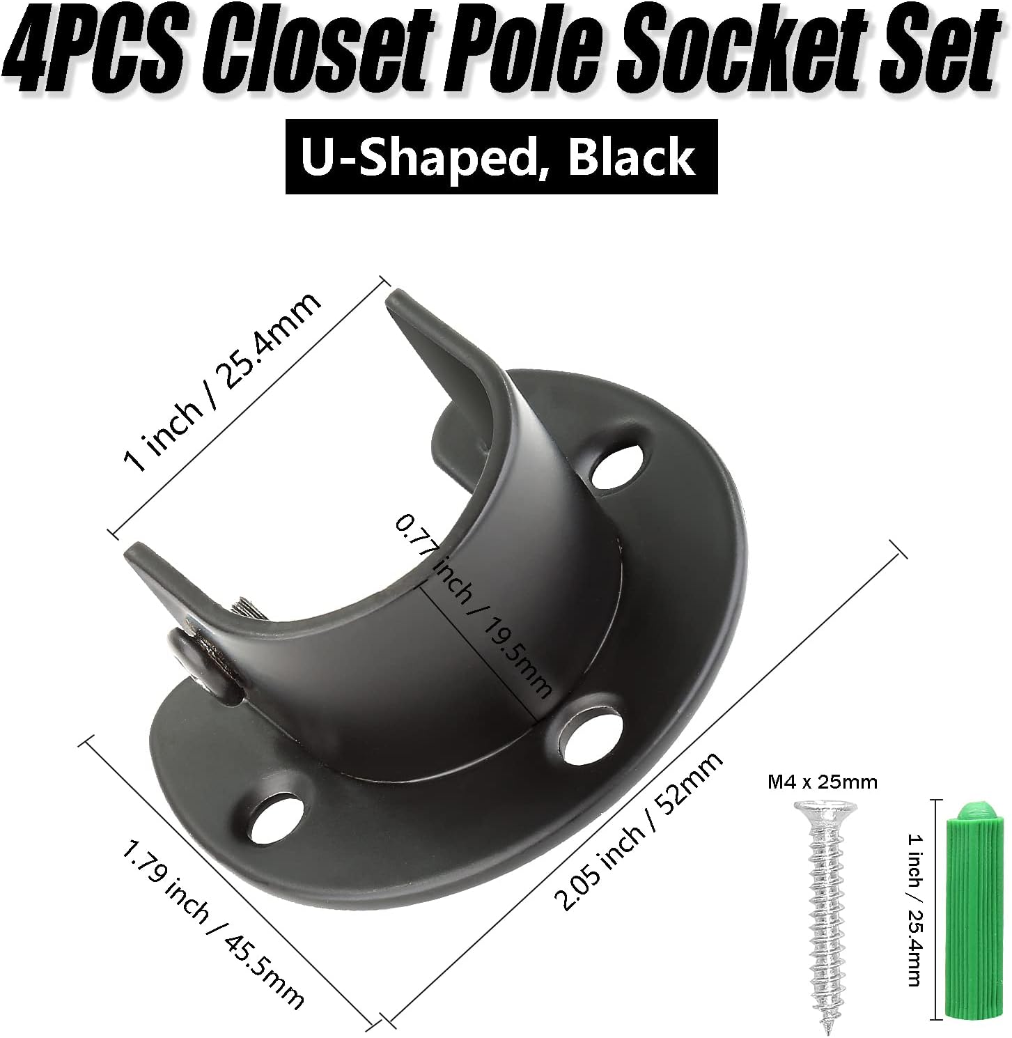 Qjaiune Juego de 4 soportes para barra de armario, soporte de barra de cortina de 1 pulgada, soporte negro para barra de armario, brida de armario