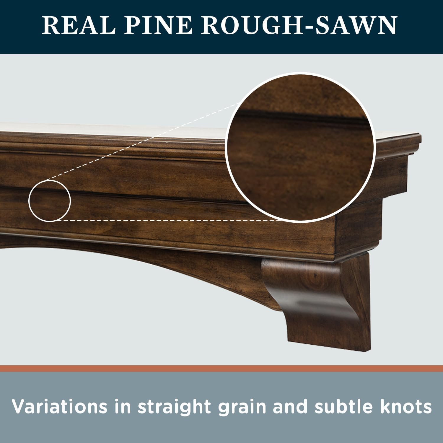 MANTELSDIRECT Mantels Direct Salem – Estantería de madera con ménsulas arqueadas, palisandro de 60 pulgadas, estante rústico de madera de pino para