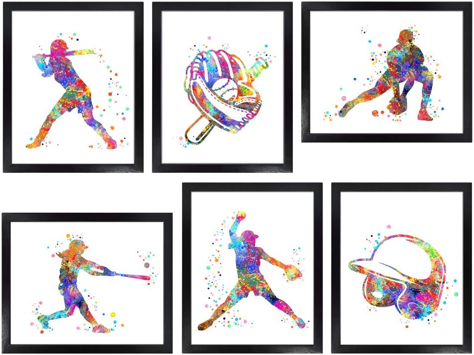 Dignovel Studios Sin marco (juego de 6) 8X10 Acuarela Chica Béisbol Softbol casco guante bola bat blazer deporte impresión dormitorio pared arte dnc4