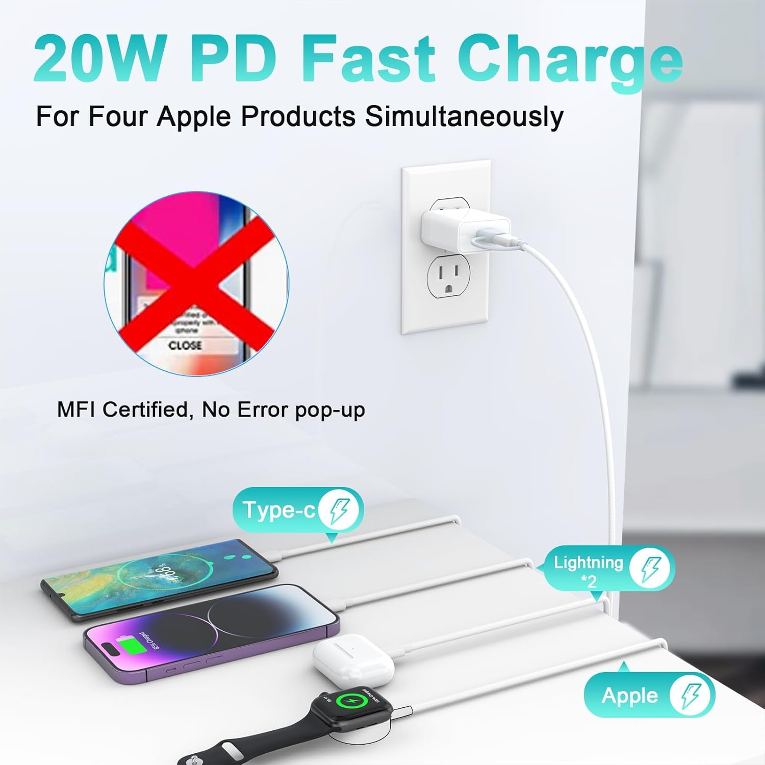 Certificado MFi Cargador USB C iWatch para Apple WatchiPhone, cargador de reloj 4 en 2, cable de carga magnético inalámbrico para Apple Watch Series