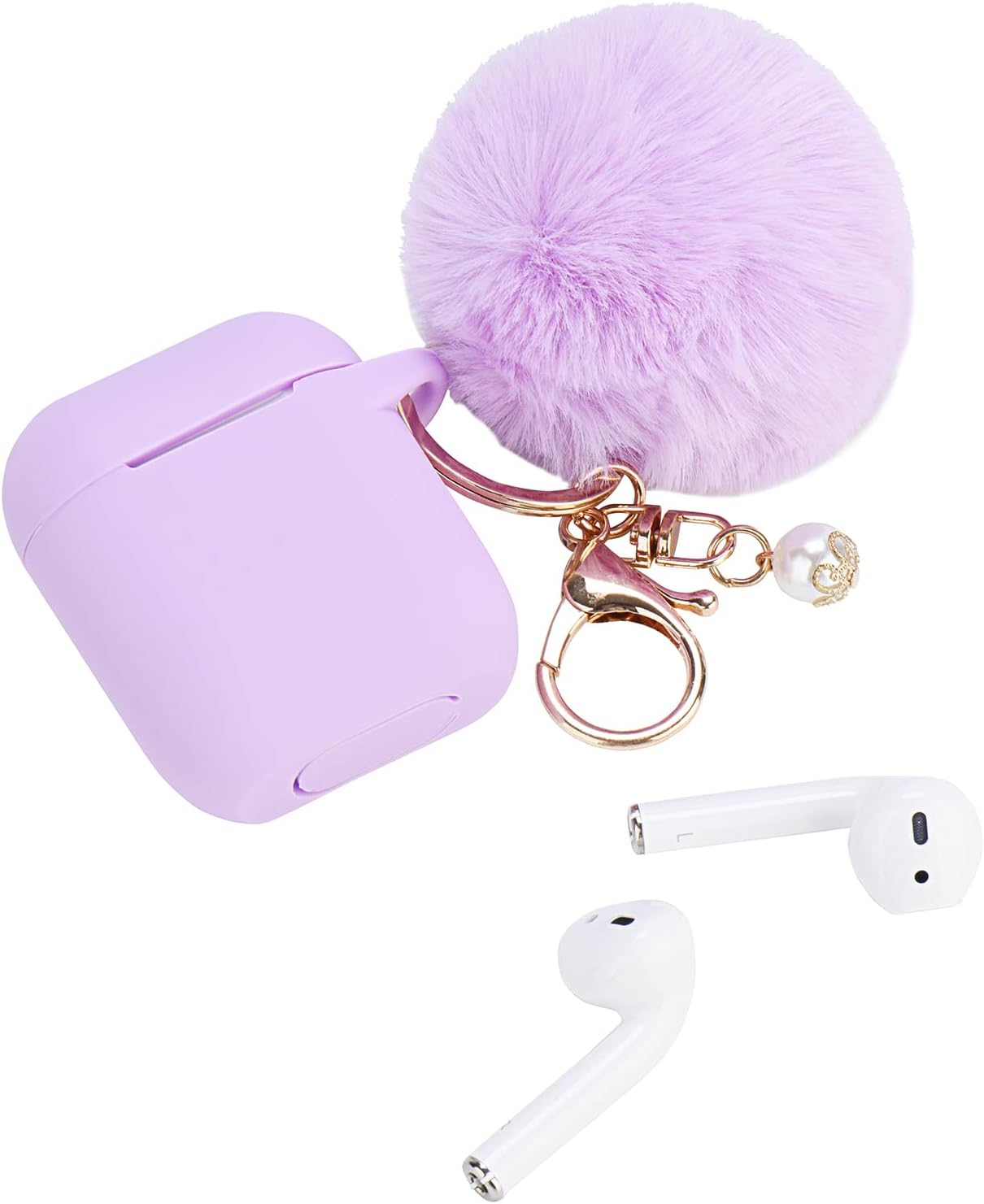 Bonita funda morada para mujer, bonita funda diseñada para AirPods con pompones, funda protectora de silicona compatible con AirPods 12, accesorios