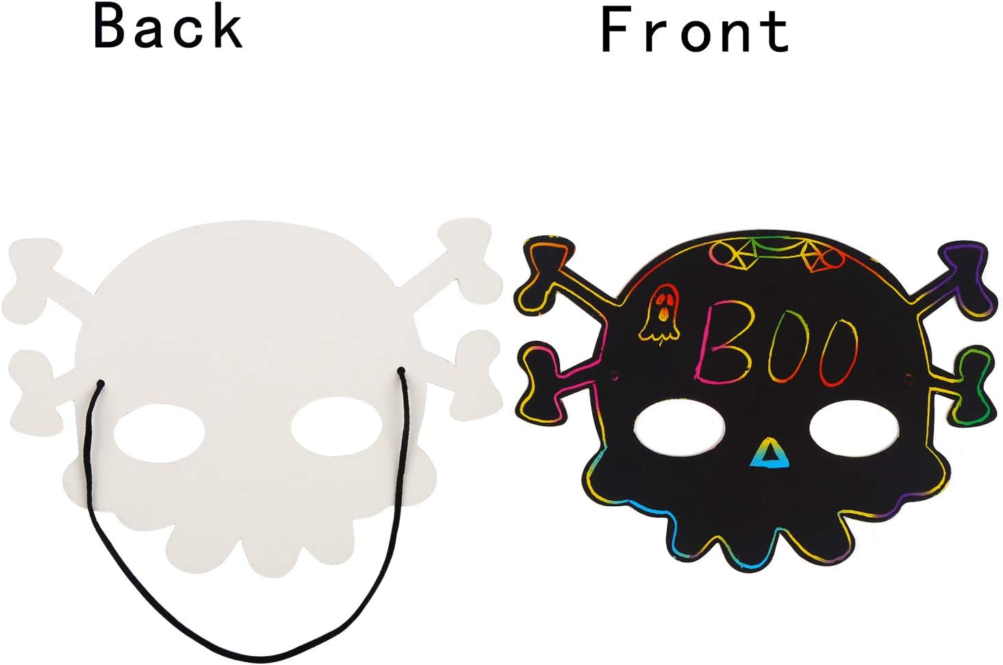 CCINEE 36 máscaras de papel para rascar de Halloween, mágicas máscaras artísticas para raspar con cordones elásticos y lápiz capacitivo de madera