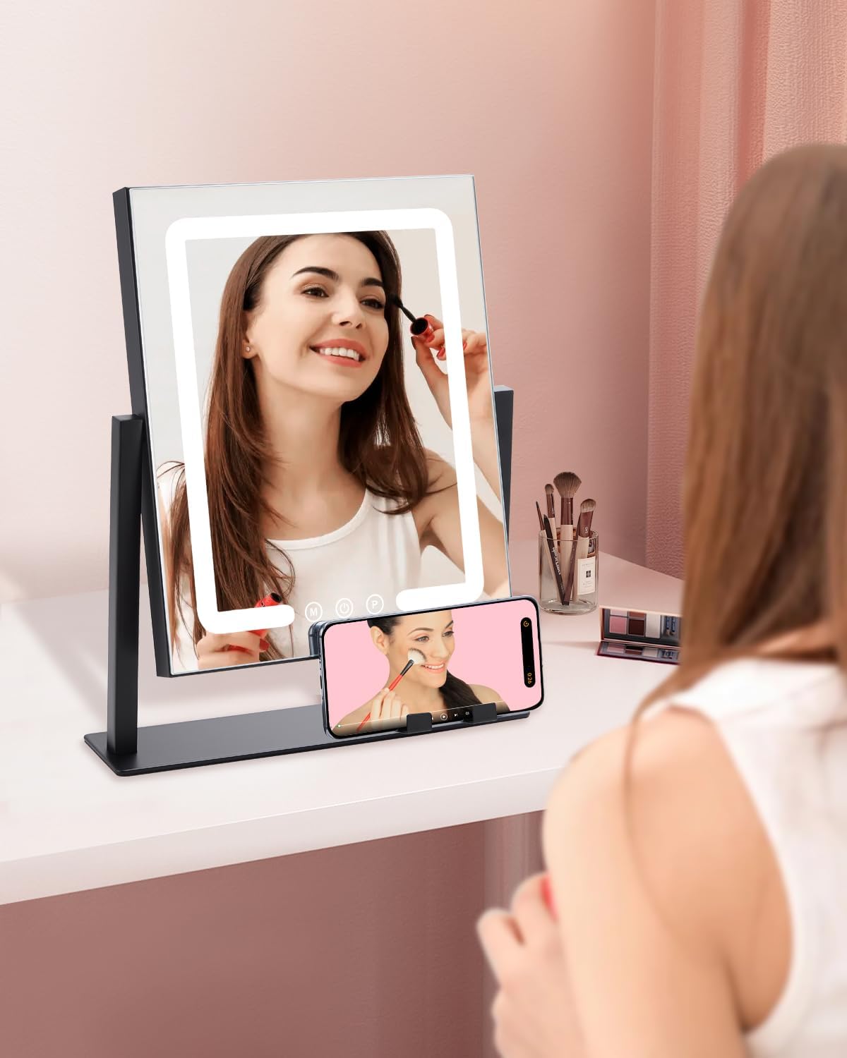 ALHAKIN Espejo de maquillaje con luces, espejo de maquillaje Hollywood iluminado, táctil inteligente regulable, 3 modos de color, espejo de aumento