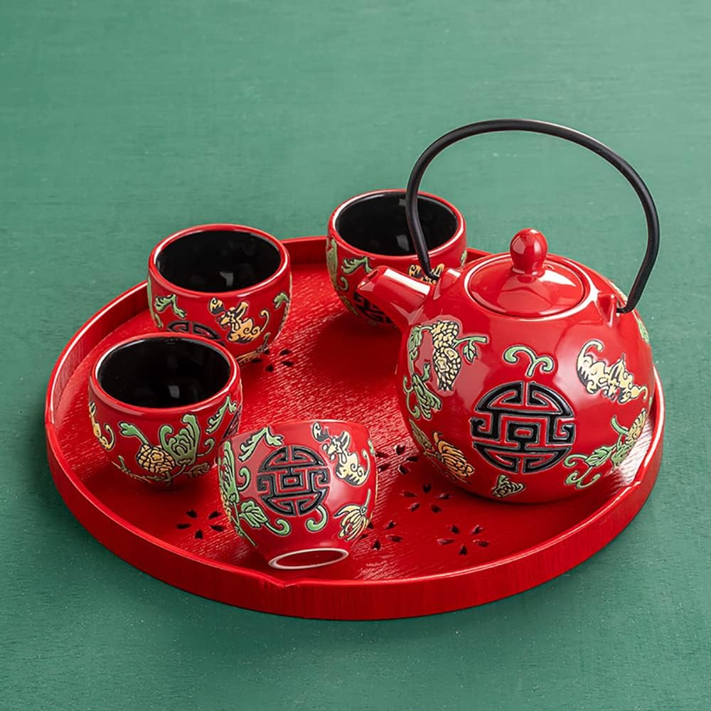 TANFEI Juego de té tradicional de cerámica china, juego de té para fiesta de ceremonia de boda, tetera de porcelana roja china con tazas de té y