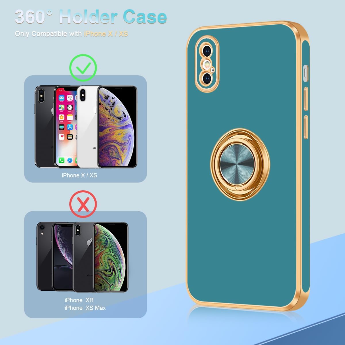 Fingic Funda para iPhone X, iPhone XS con soporte de anillo de 360 Soporte magnético giratorio con borde dorado brillante, delgada, suave TPU a