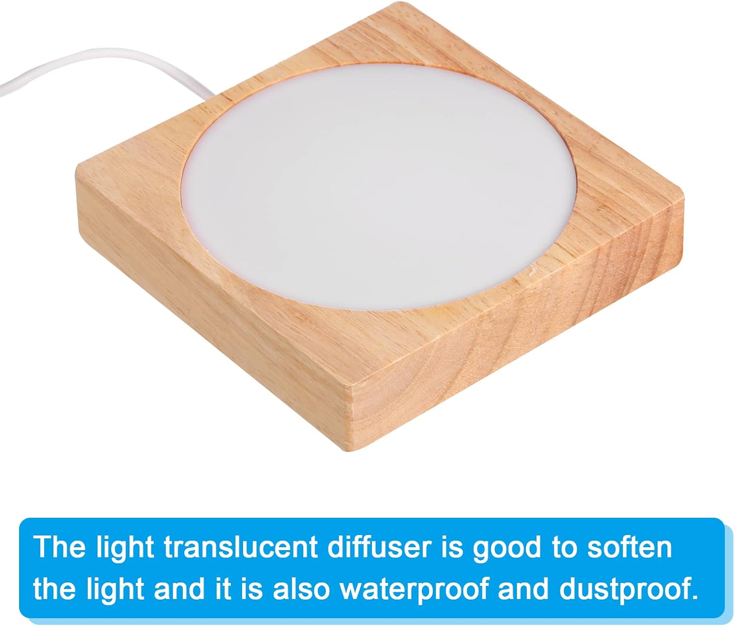 PATIKIL Base de luz LED de madera de 4 pulgadas, base de exhibición de luz de madera con interruptor para arte de resina de cristal 3D, blanco frío,
