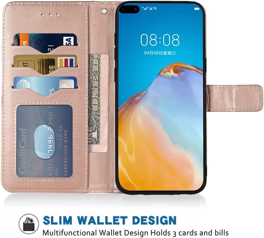 Compatible con Huawei P40 Pro – Funda tipo cartera con correa para la muñeca con cordón de cuero, soporte para tarjetas, accesorios para celulares,