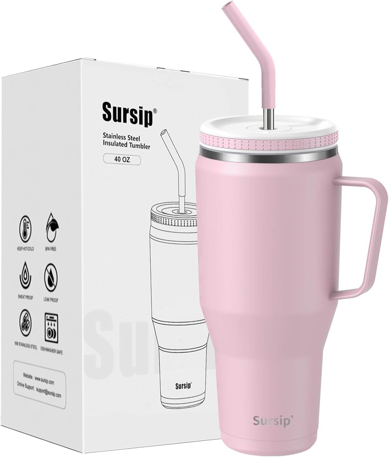 Sursip Vaso de 40 onzas con asa y tapa con pajilla, de acero inoxidable aislado al vacío, para café, viaje, mantiene las bebidas frías hasta 24