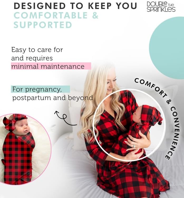 Conjunto de bata y manta de maternidad, trajes de mamá y bebé a juego, bata de hospital, manta y sombrero., Rojo Plaid