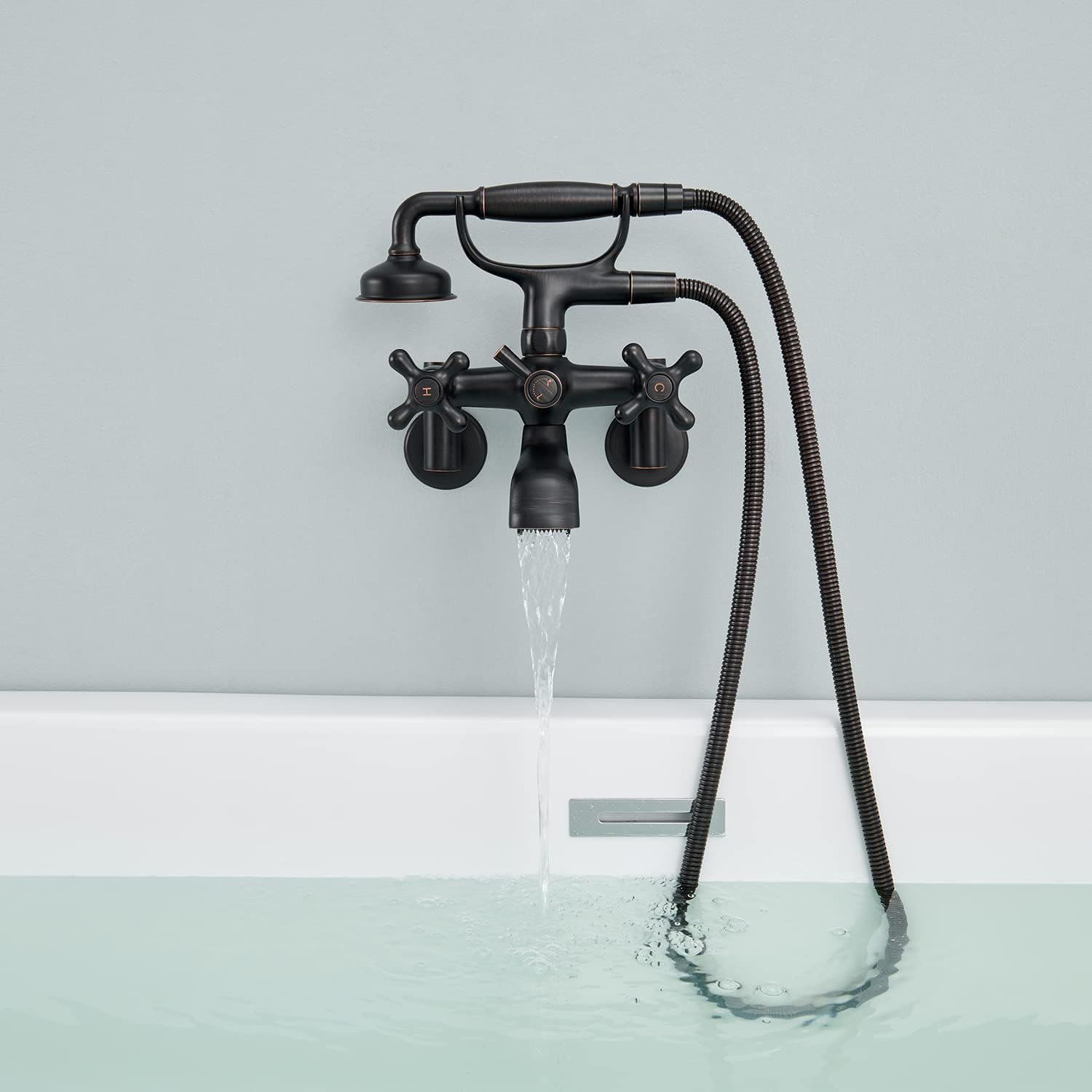 Clawfoot – Grifo de bañera de montaje en pared, bronce aceitado, grifos de bañera de latón vintage con ducha de mano en forma de teléfono