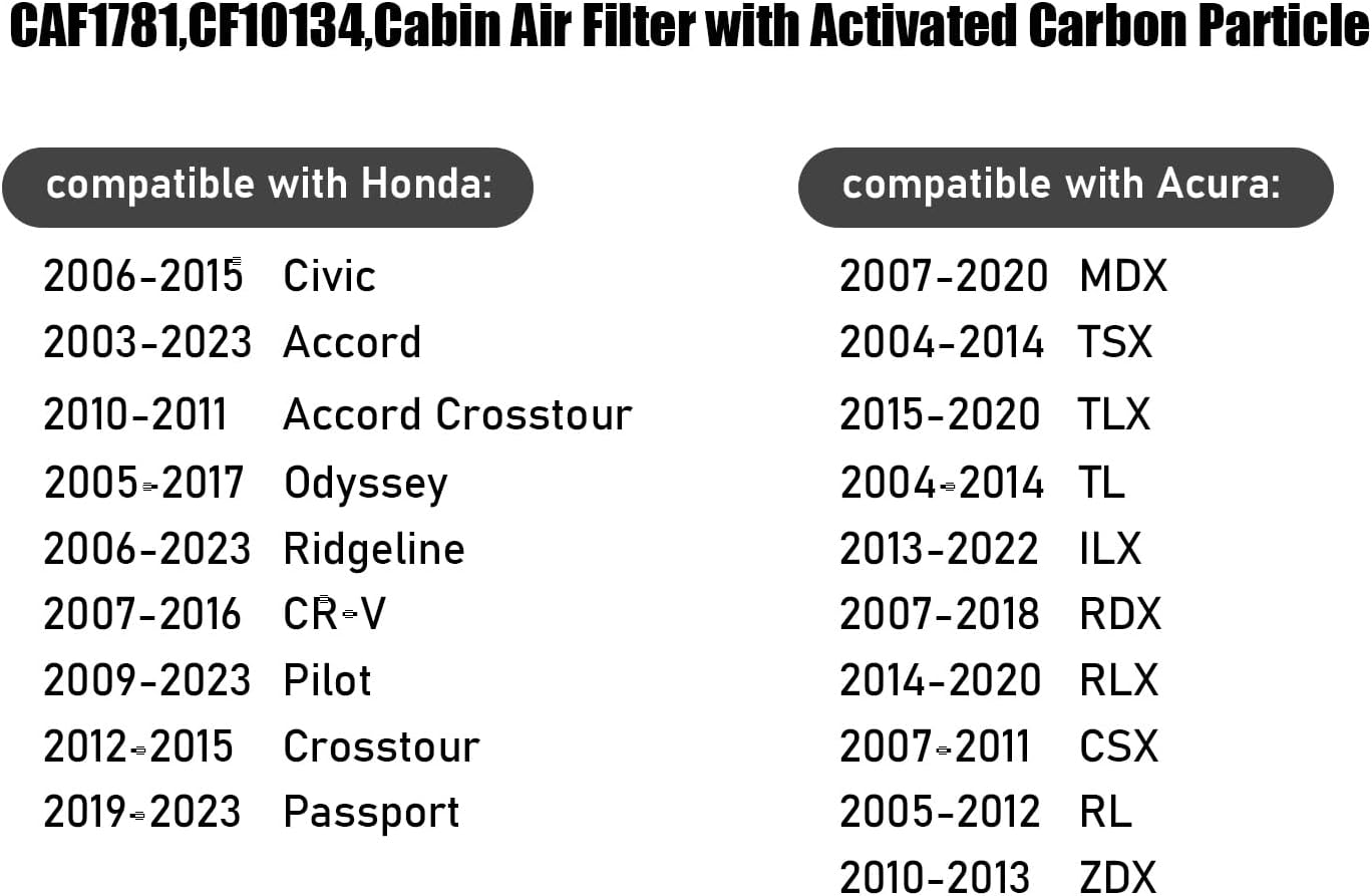 CF10134 Filtro de aire de cabina con carbón activado para Honda Accord 2003-2023, Accord Crosstour, Civic 2006-2015, CR-V, Crosstour, Odyssey,