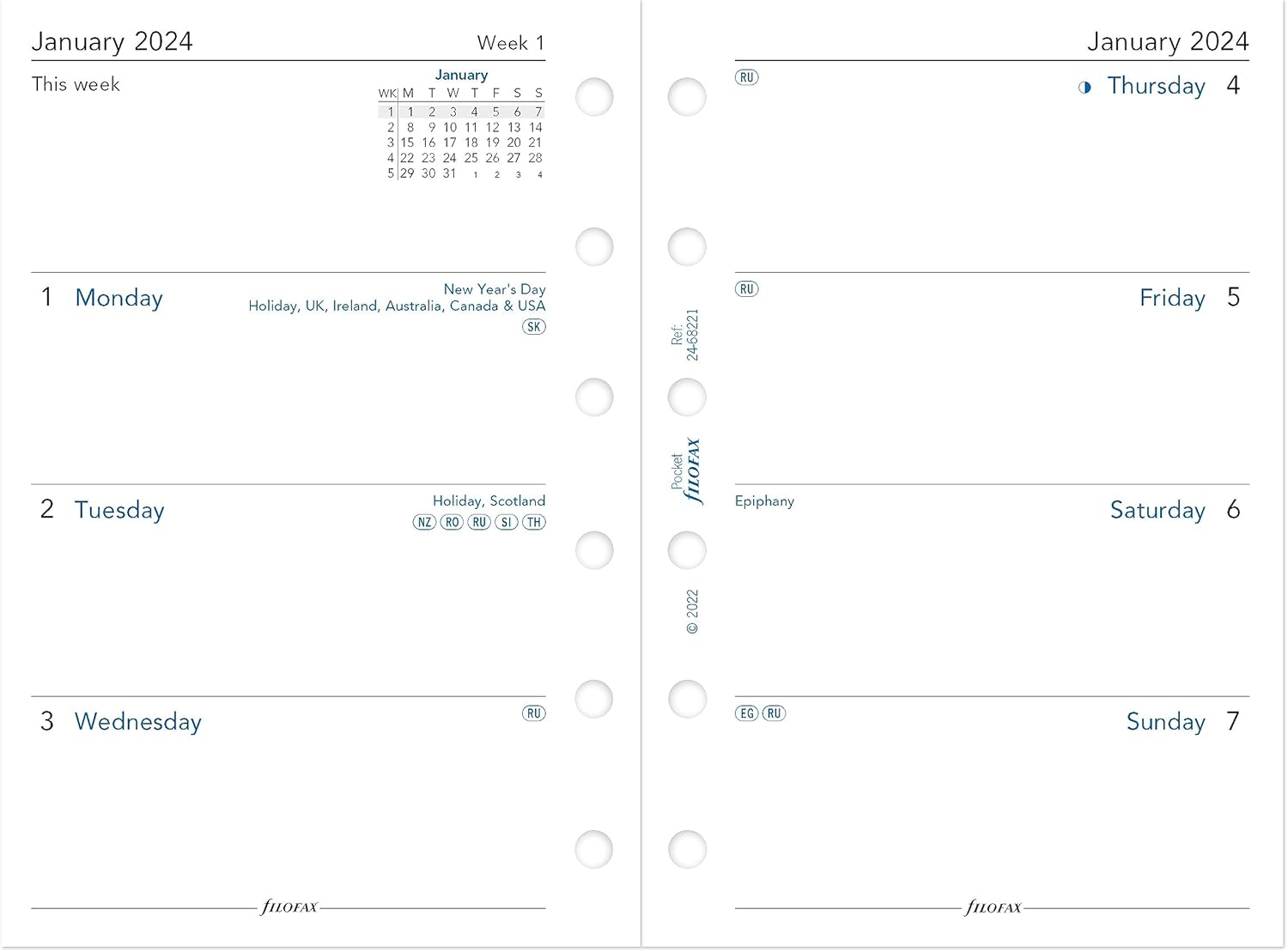 Filofax Recambio de diario de calendario, tamaño de bolsillo, semana a vista, papel blanco, sin rayas, inglés, 2024 (C68221-24)