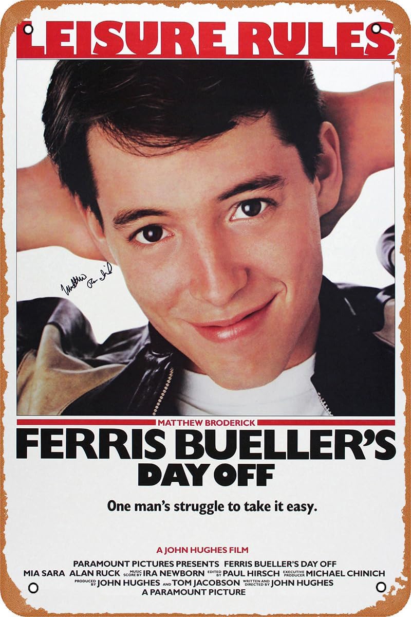 Ferris Bueller’s Day Off Movie Poster Retro Cartel de hojalata con aspecto vintage para bar, oficina, hogar, decoración de pared, regalo, 12 x 8