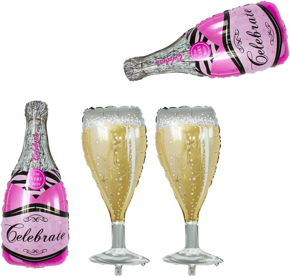 GOER 4 globos de aluminio de vidrio rosa para botella de champán y copa de vino, globos de helio de 40 pulgadas para el día de San Valentín, noche