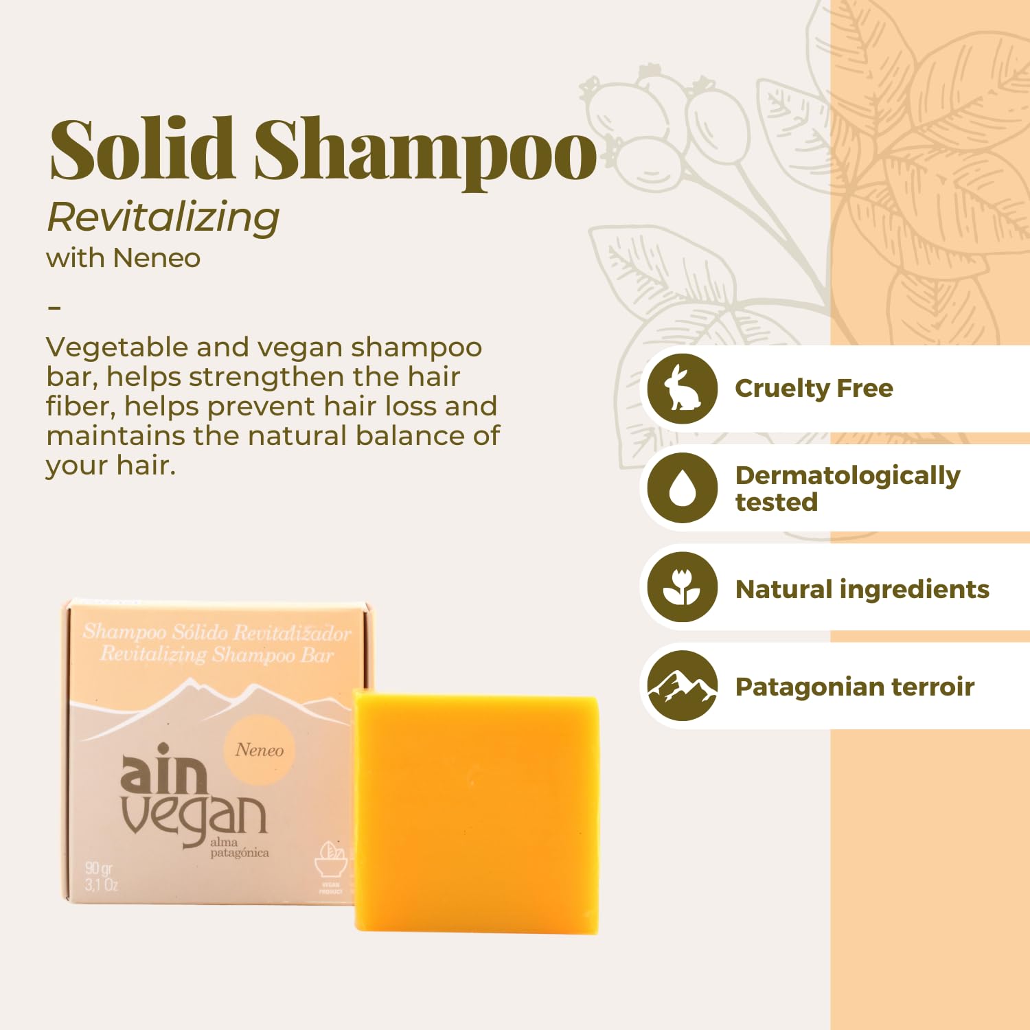AIN – Barra de champú revitalizante vegana – Vegano con ingredientes naturales de Patagonia – Sólido para todo tipo de cabello – Anti encrespamiento