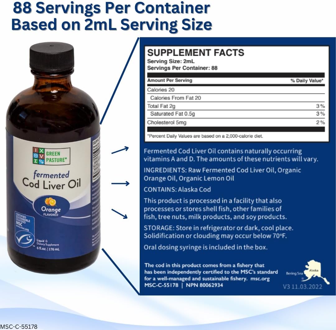 Green Pasture – Aceite de hígado de bacalao fermentado líquido – 6 fl. oz. Vitamina A Vitamina D Omega 3 Omega 6 Omega 9 (6oz naranja)