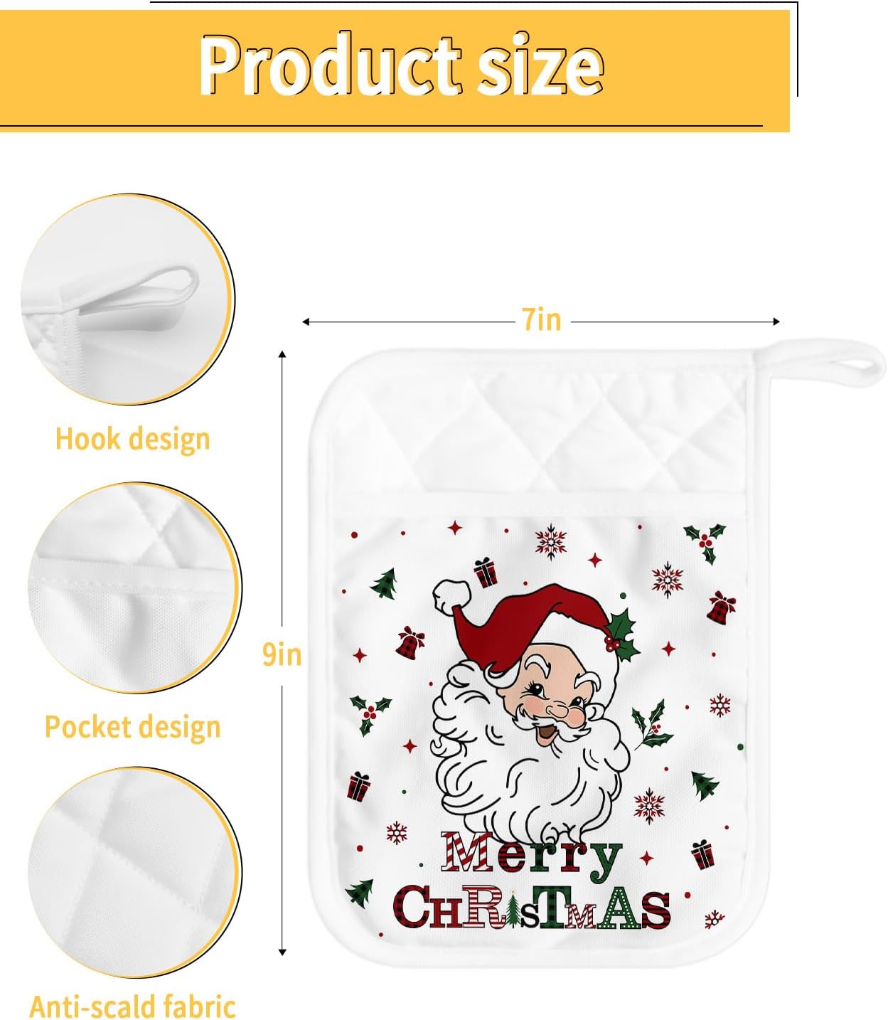 Merry Christmas 2Pcs Pot Holders for Kitchen,Non Slip & Heat Insulation Terry Cloth Potholder Set with Pocket,Thick Hot Pad Oven Mitts Trivet
