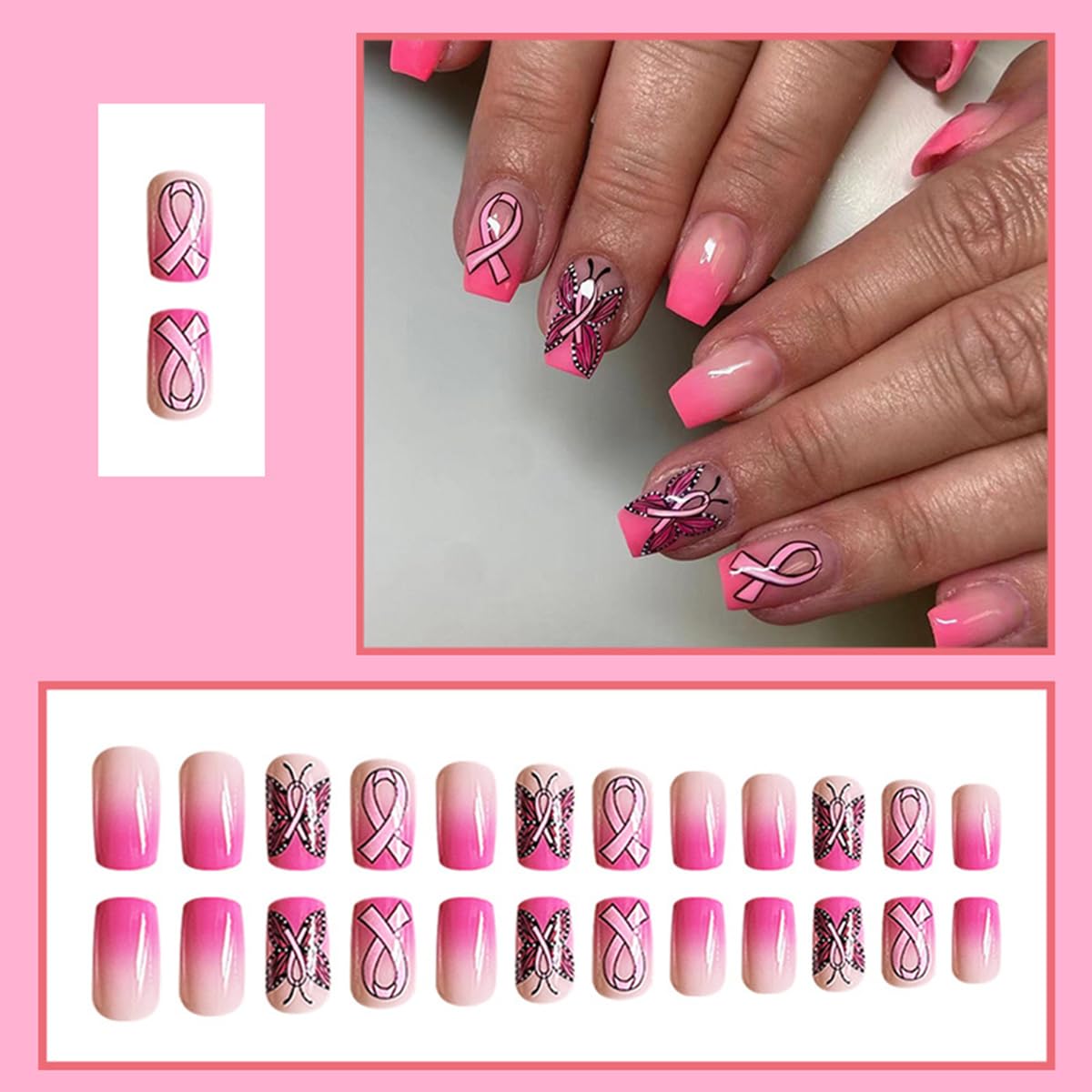 Uñas postizas a presión sobre el cáncer de mama, uñas postizas cortas cuadradas de color rosa brillante, uñas postizas acrílicas de cobertura
