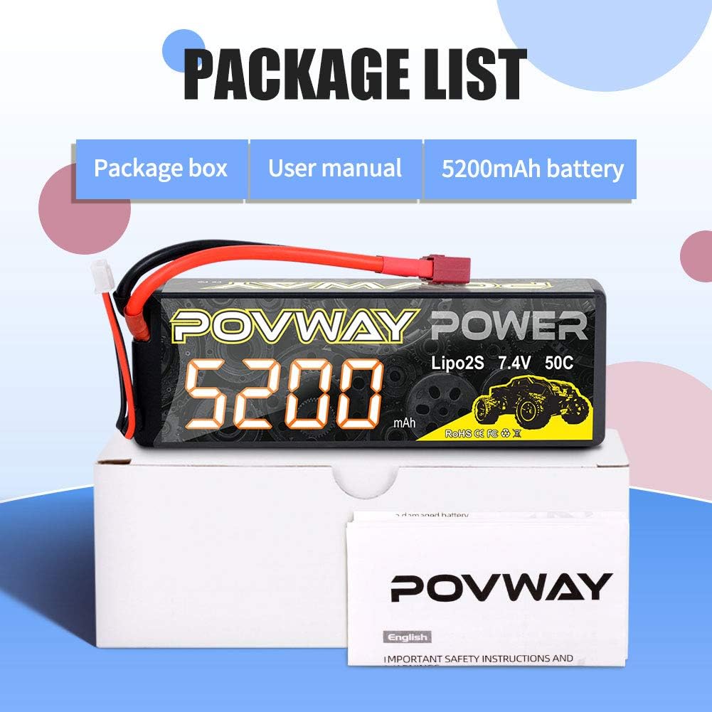 POVWAY 5200mAh 2S LiPo Battery 50C 7.4V RC Battery Hard Case with Dean-Style T Connector for RC Cars, RC Truck, RC Airplane, RC Helicopter, Drone,