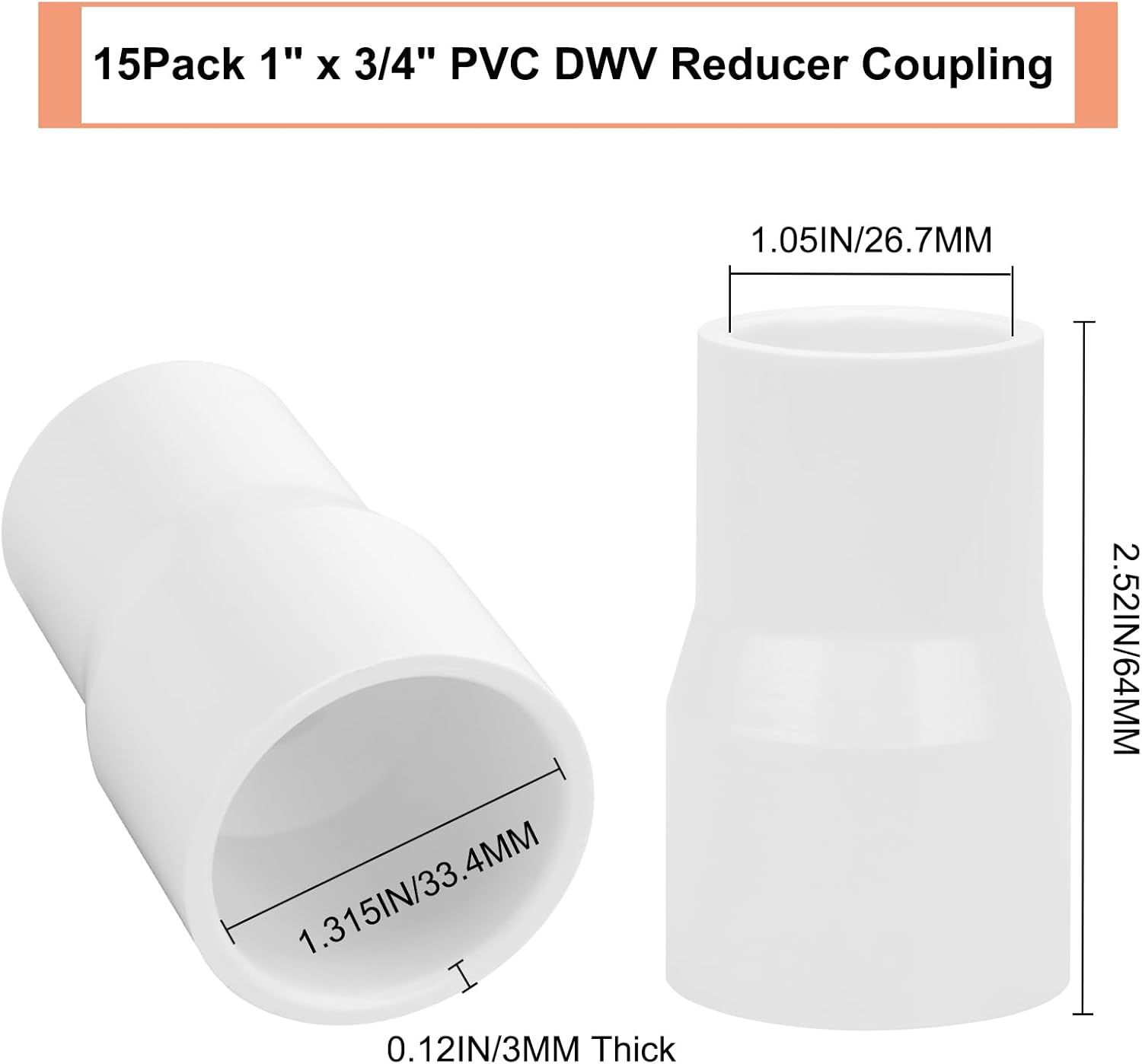 Paquete de 15 adaptadores de acoplamiento reductor de PVC DWV de 1 pulgada x 34 pulgadas (enchufe x zócalo) Schedule 40 PVC DWV Acoplamiento