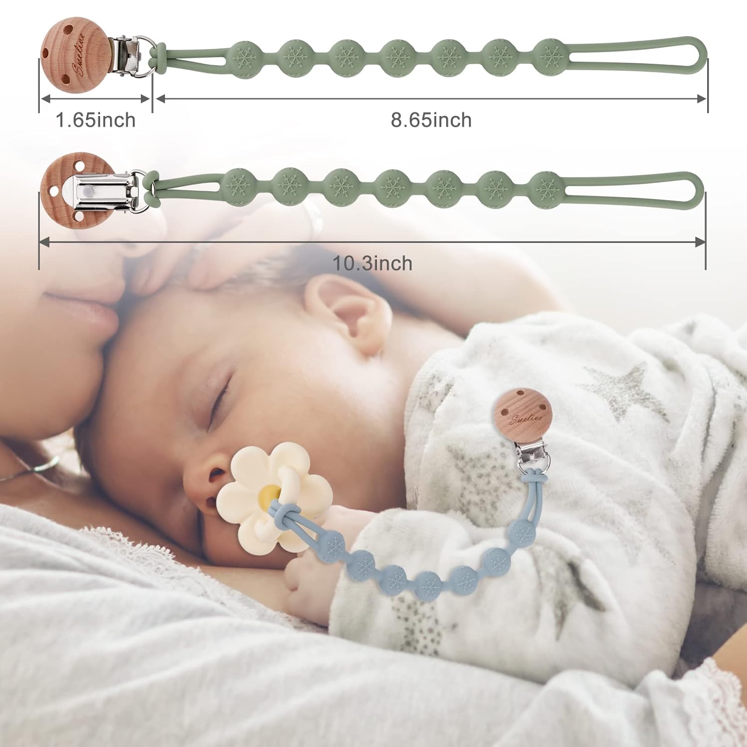 Clips para chupetes para bebés, niños y niñas, paquete de 2 clips para chupete, clips de una pieza, diseño de clips de madera, clip de chupete para