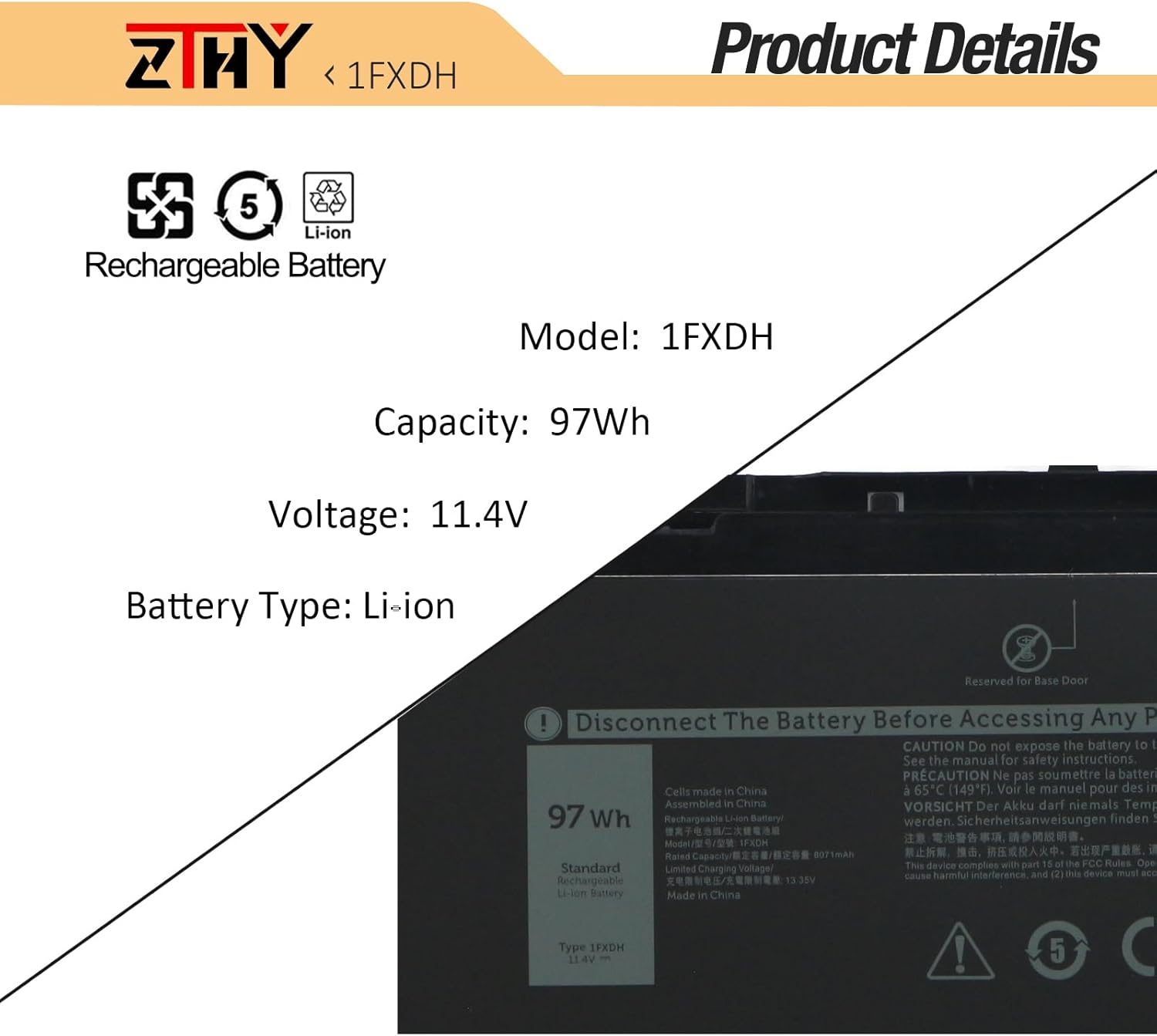 ZTHY 97Wh 1FXDH – Batería de repuesto para laptop Dell Precision 3541 3551 Latitude 15 5501 5511 E5501 E5511 Series 01WJT0 1WJT0 0D191G D191G