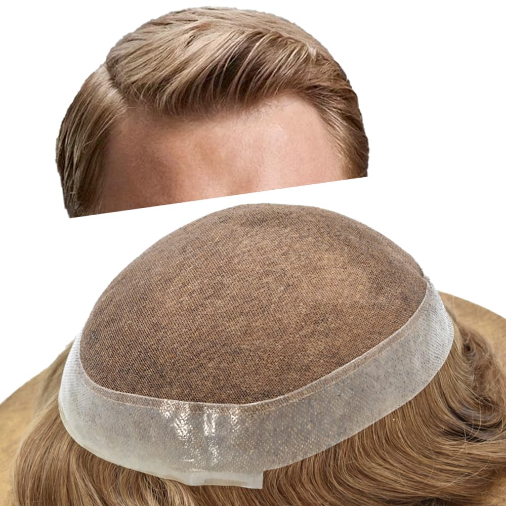 Cabello humano tipo tupé de encaje suizo para hombre, fácil cinta adhesiva de polietileno alrededor de la pieza de pelo para hombre, aspecto