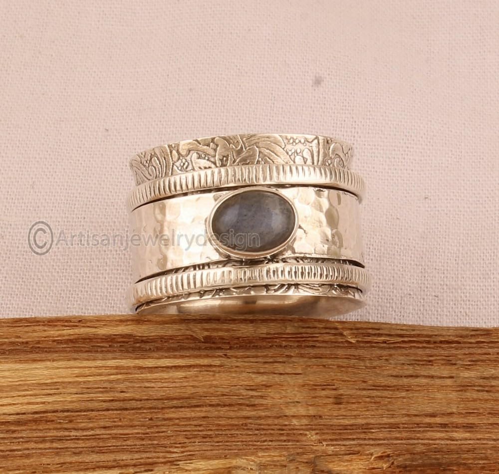 Natural Labradorite Ring, 925 Silver Ring, Handmade Spinner Ring, Spinner Band Ring Women, Antique Silver Ring, Statement Silver Ring, Blue Gemstone
