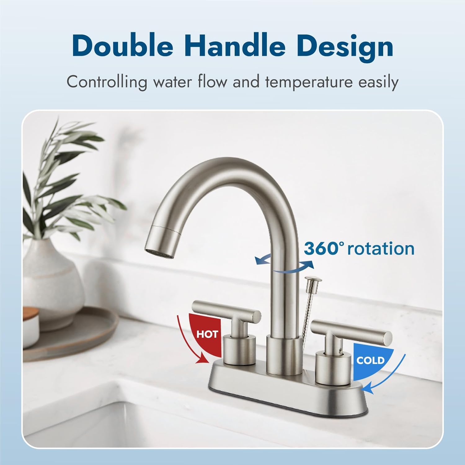 Cinwiny Grifo de baño central de 4 pulgadas con varilla de elevación, tapón de drenaje de níquel cepillado, doble mango, 3 agujeros, grifo de lavabo