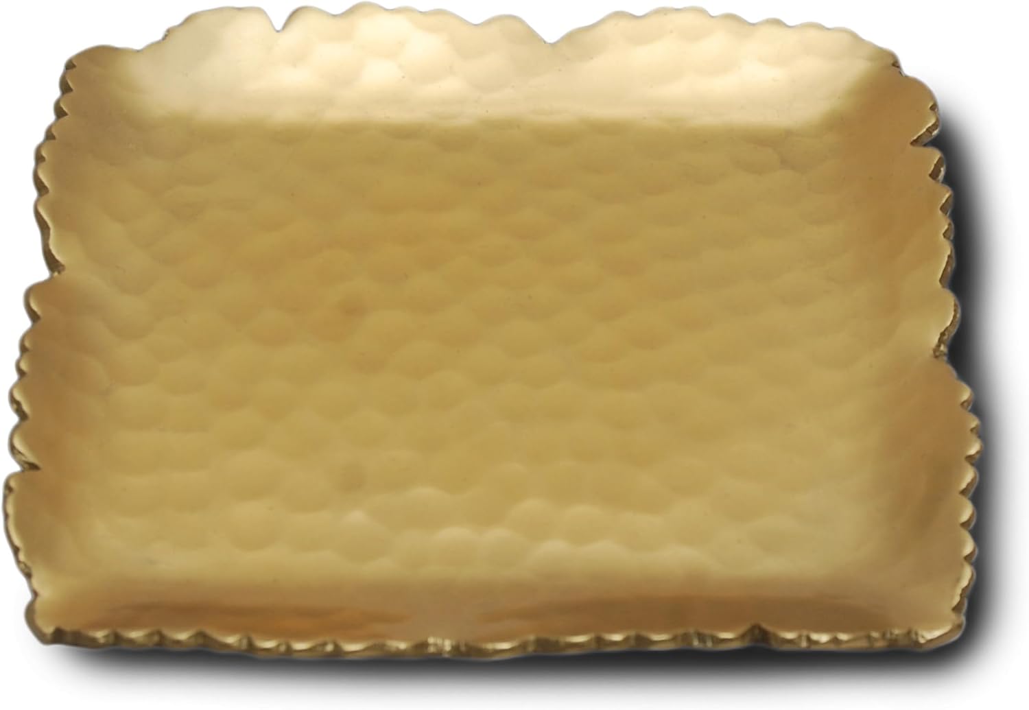 India Handicrafts 16014 – Bandeja de aluminio para servir o baratija con borde áspero en tono dorado martillado