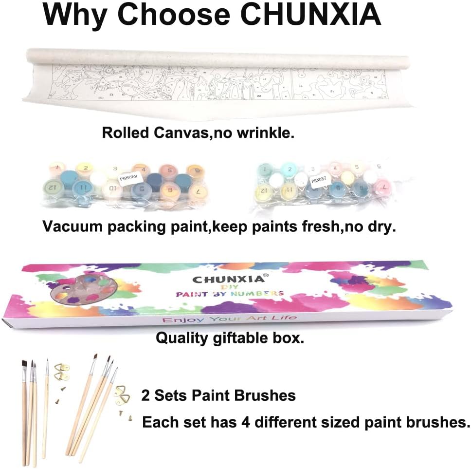 CHUNXIA Pintura por números para adultos, principiantes y niños, paquete de 2 lienzos enrollados de arte de pared, kit de pintura fácil por números,
