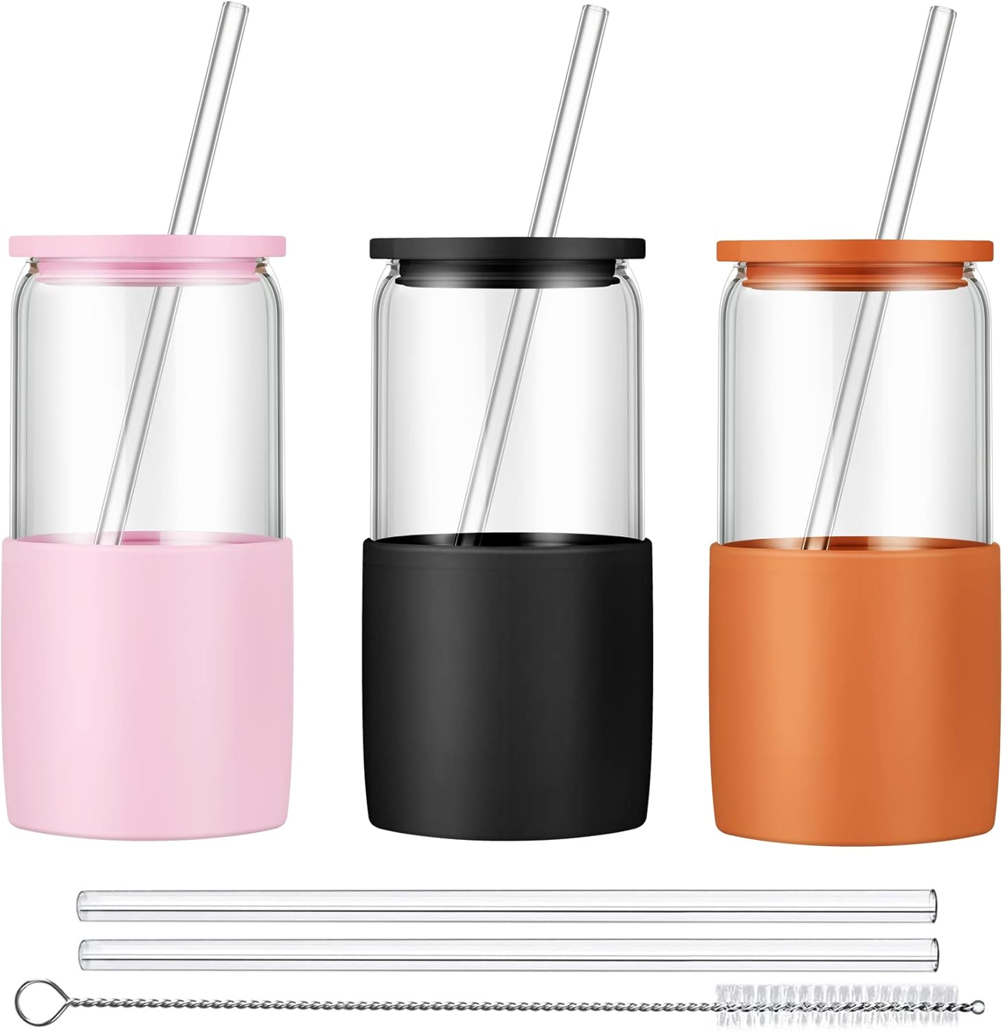 Sunseeke Vaso de vidrio con popote y tapa, taza de café helado de 16 onzas, cepillos de limpieza de fundas de silicona, vasos para agua, café