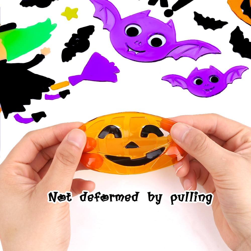 JOICEE Calcomanías gruesas de gel para Halloween para niños, lindas calabazas, brujas, murciélagos, gatos negros, calcomanías para decoración de