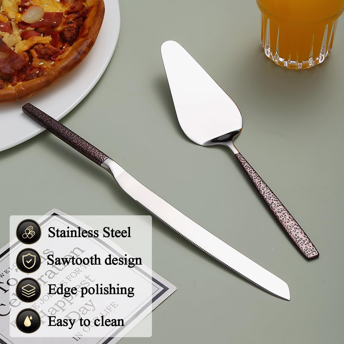 Juego de cuchillos y servidores para tartas de boda, mango marrón y cabeza plateada brillante para tartas para todos los días, bodas y cumpleaños,