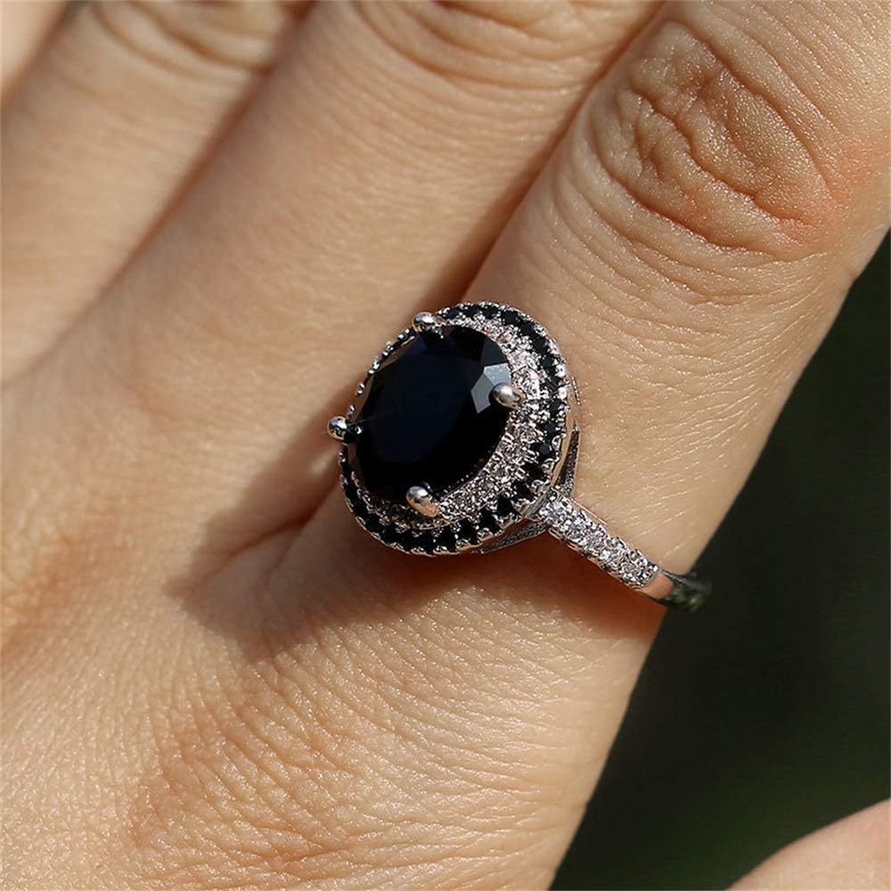925 Sterling Silver Shiny Full Diamond Ring Oval Cut Black Onyx Marcasite White Cubic Zirconia Rings CZ Cocktail Rings Eternity Engagement Wedding