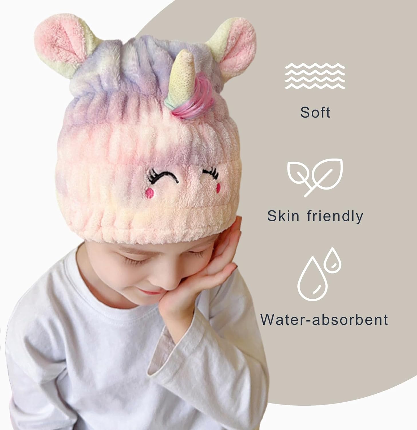 Toalla de microfibra para el pelo para niños, juego de gorro seco de unicornio con bandas elásticas para el cabello, toalla de secado rápido suave y