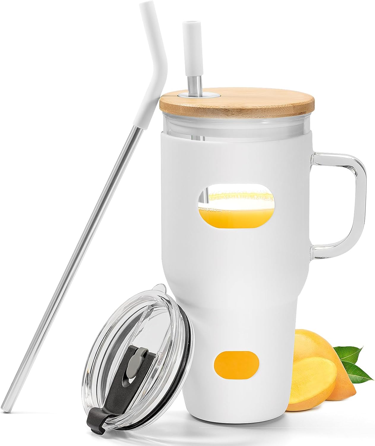 Vaso de vidrio de 32 onzas con popote y tapa, botella de agua de vidrio con asa, vaso de café helado con funda de silicona, regalos de Navidad para