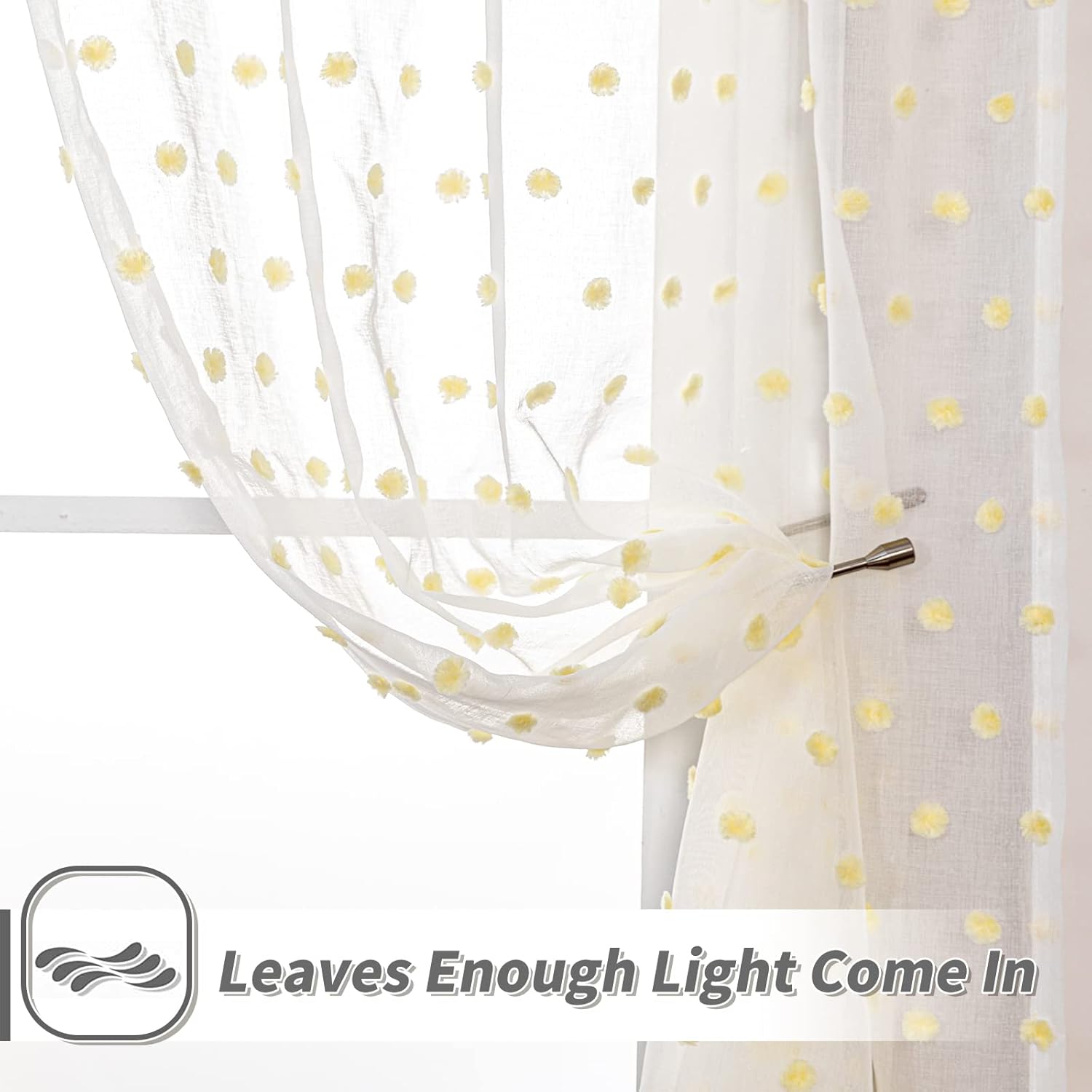 MYSKY HOME Cortinas para dormitorio, cortinas con pompones amarillos para sala de estar, 72 pulgadas de largo, cortinas traslúcidas blancas para