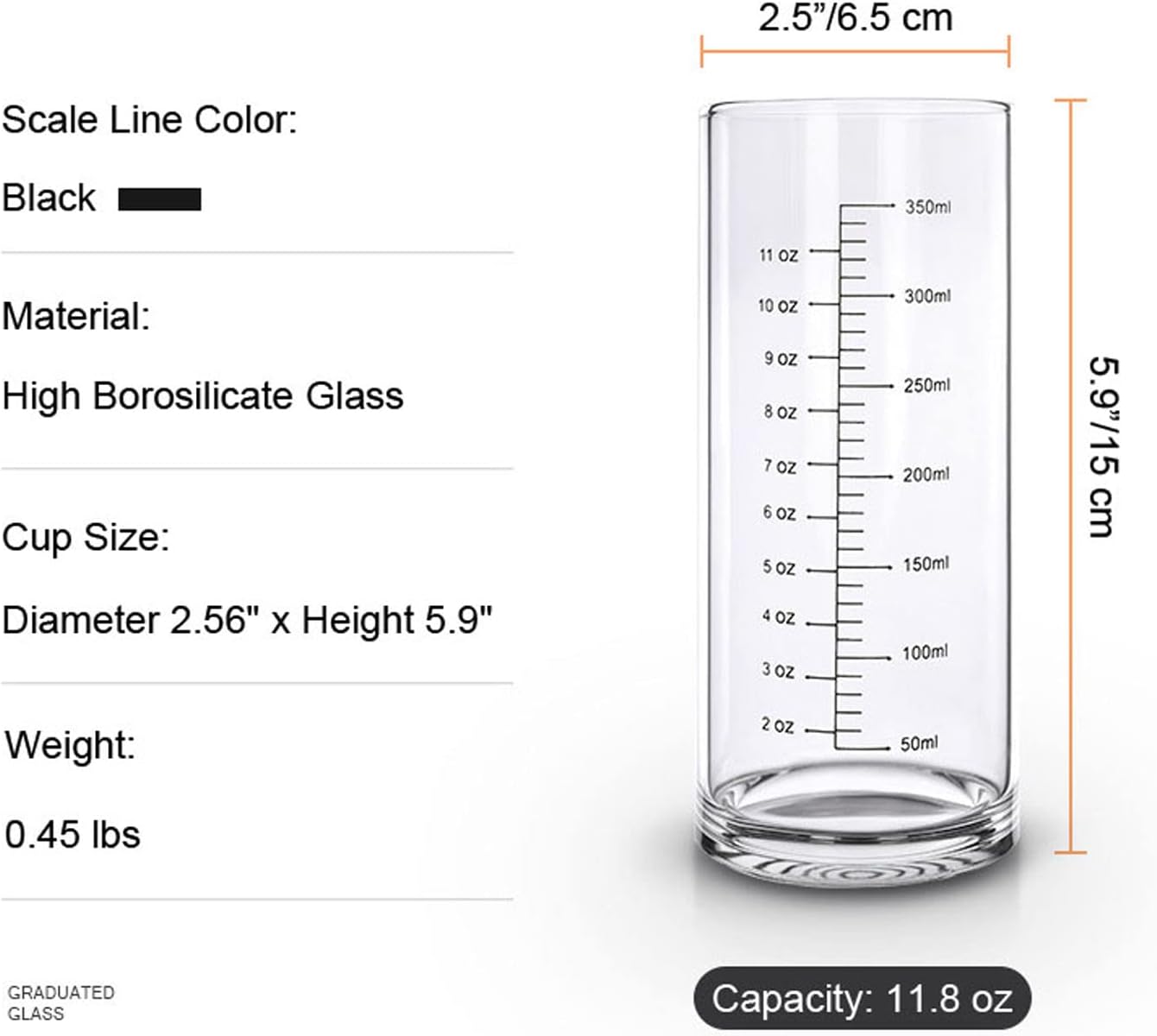 Vaso de vidrio graduado, vaso medidor de vidrio de borosilicato alto para ancianos, principiantes, pérdida de peso, vidrio transparente recto con