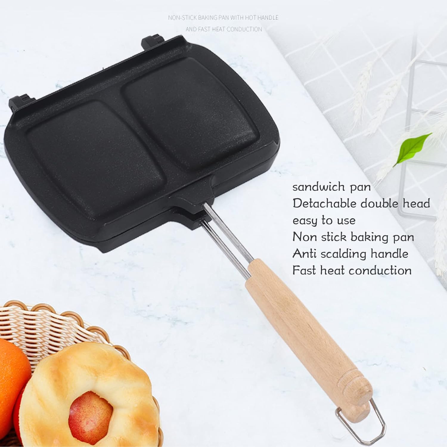 Sandwichera de 14.2 x 7.9 pulgadas, sartén antiadherente de aleación de aluminio integrada, cuerpo aerodinámico, doble cabeza, sartén desmontable