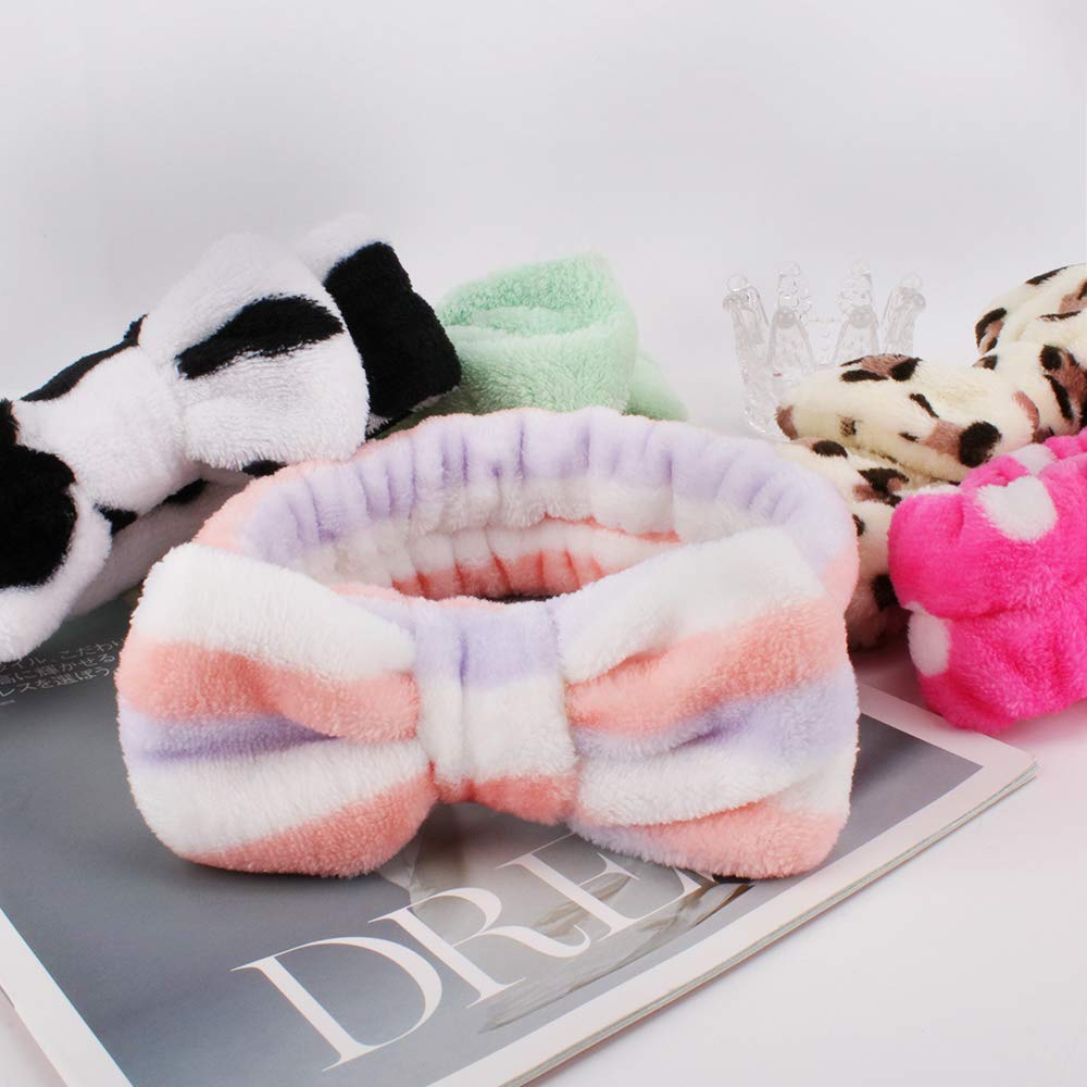 WHAVEL Paquete de 6 diademas de spa, diademas de microfibra con pajarita, diadema de maquillaje facial, diadema elástica suave con lazo para el