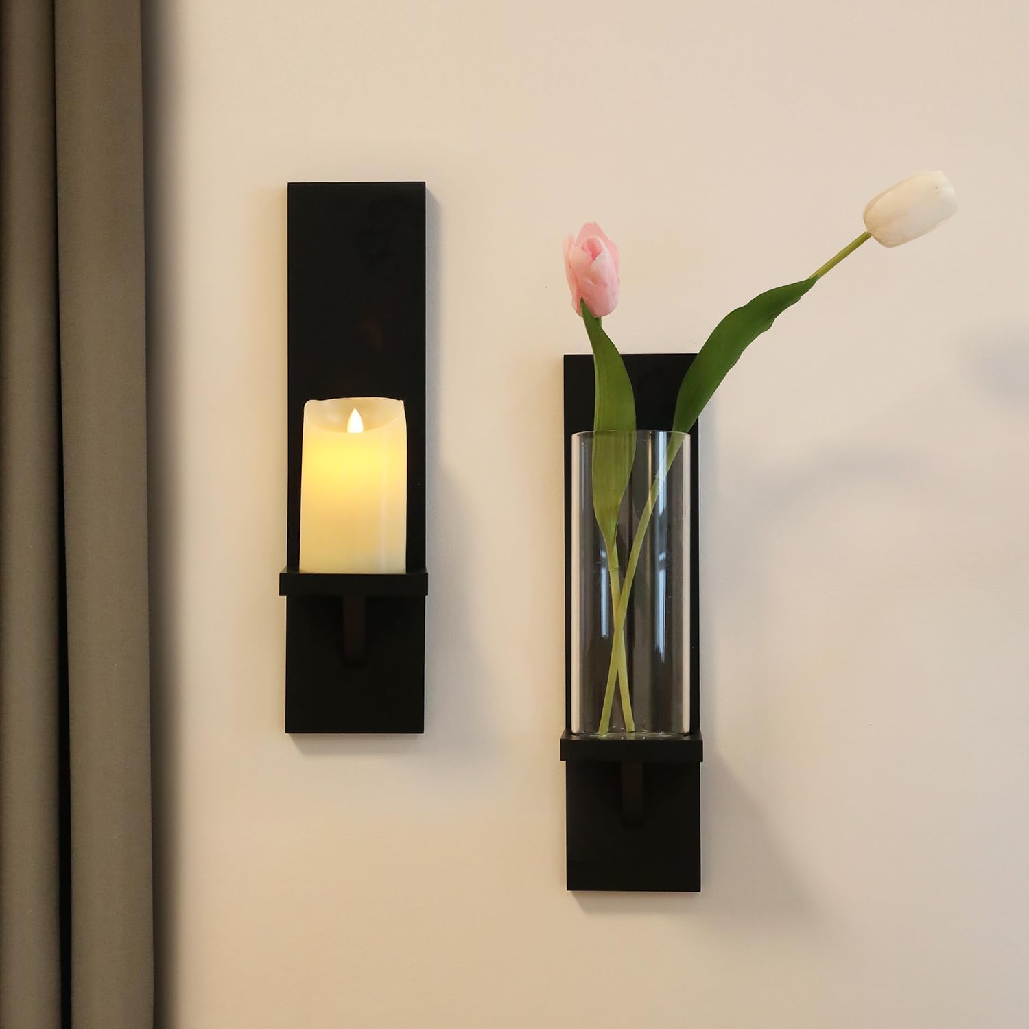 NIKKAPOETRY Juego de 2 candelabros de pared de madera y vidrio negros de 16 pulgadas