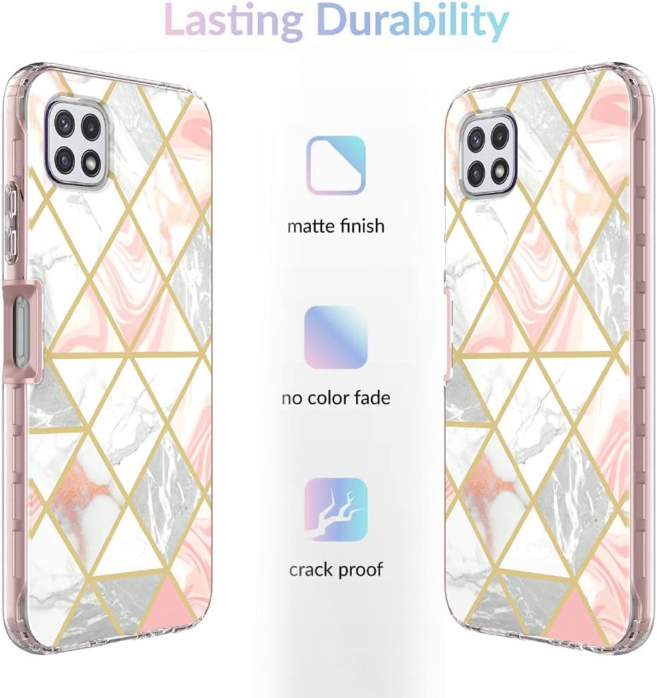 Jeylly 5 artículos Funda para Galaxy A22 5G con protector de pantalla y protector de lente de cámara, funda de mármol híbrida de policarbonato duro