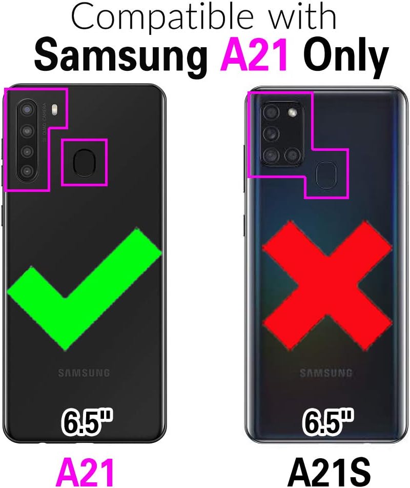 Asuwish Funda de teléfono para Samsung Galaxy A21 con protector de pantalla y soporte para anillo, purpurina líquida brillante, transparente,
