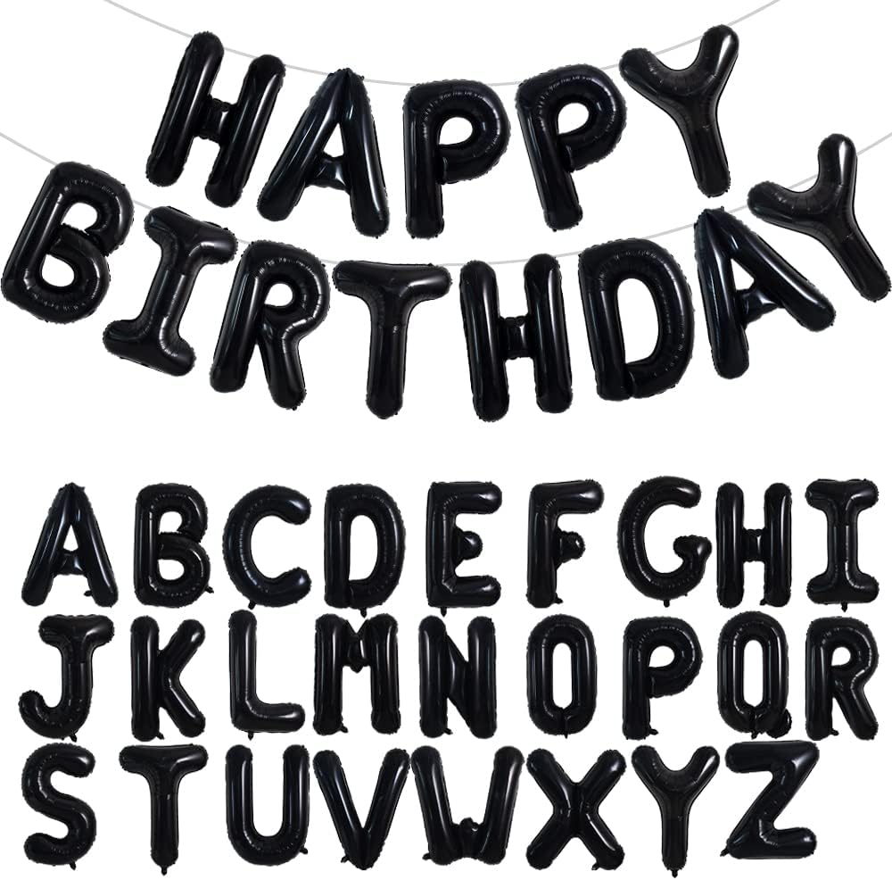 TONIFUL 65 globos de letras de la A a la Z personalizados con nombre de 16 pulgadas, globos negros de feliz cumpleaños y 2 juegos de globos de