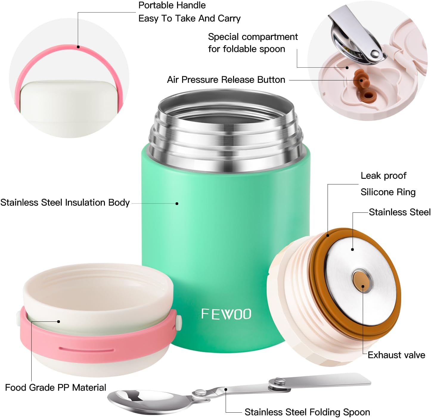 FEWOO Termos de comida, contenedor aislado de 20 onzas para almuerzo y sopa para alimentos fríos y calientes, para niños y adultos, tarro de