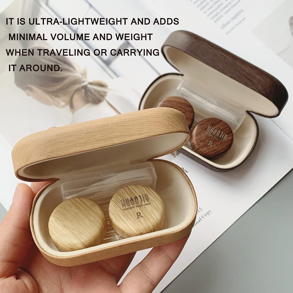 Estuche para lentes de contacto de grano de madera, estuche compacto de contacto ocular para viajes, caja de contacto portátil con espejo