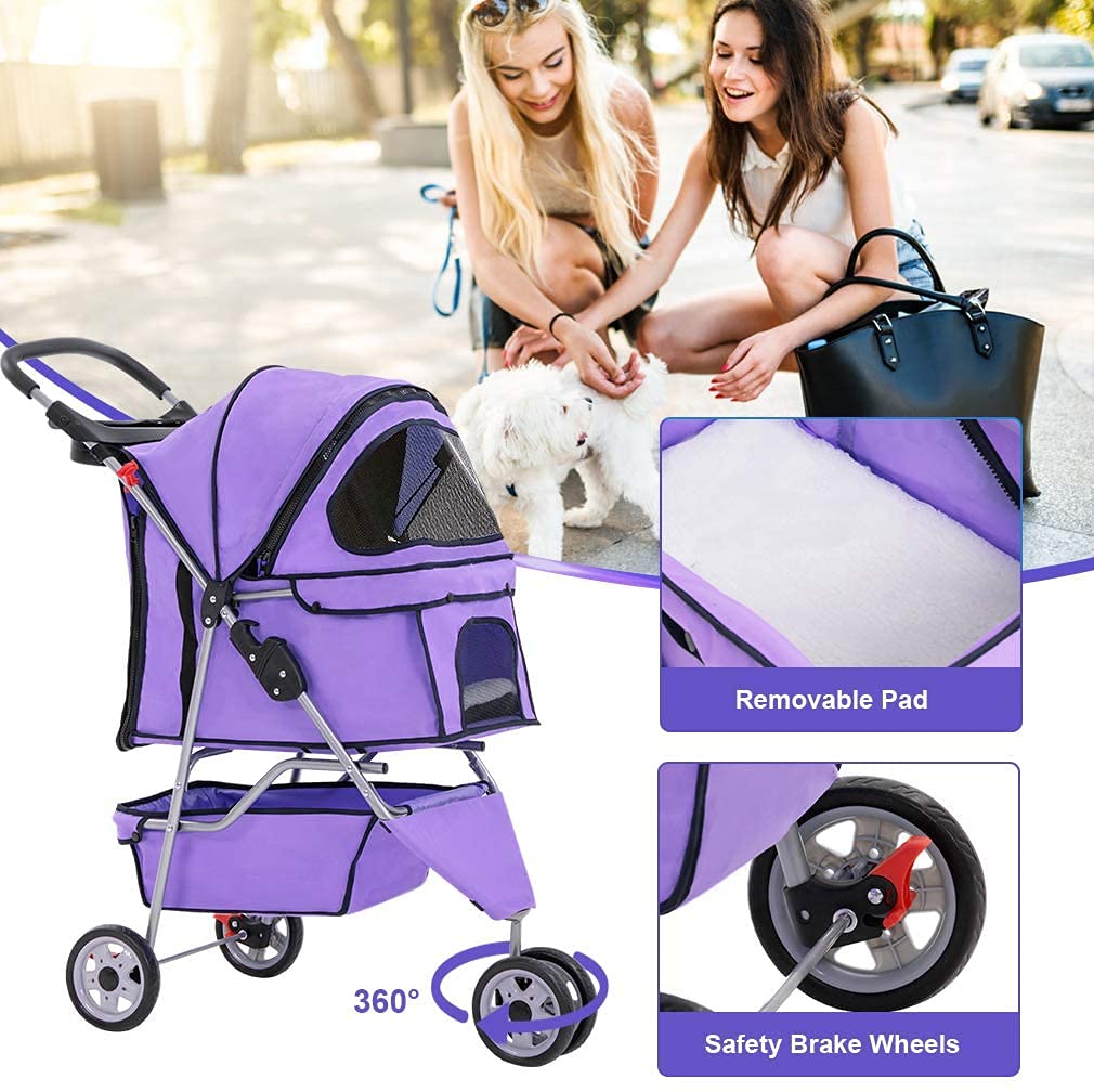 FLL Cochecito para perros y gatos con cesta de almacenamiento, plegable, ligero, para gatos, suave y fácil de caminar, para perros y gatos medianos