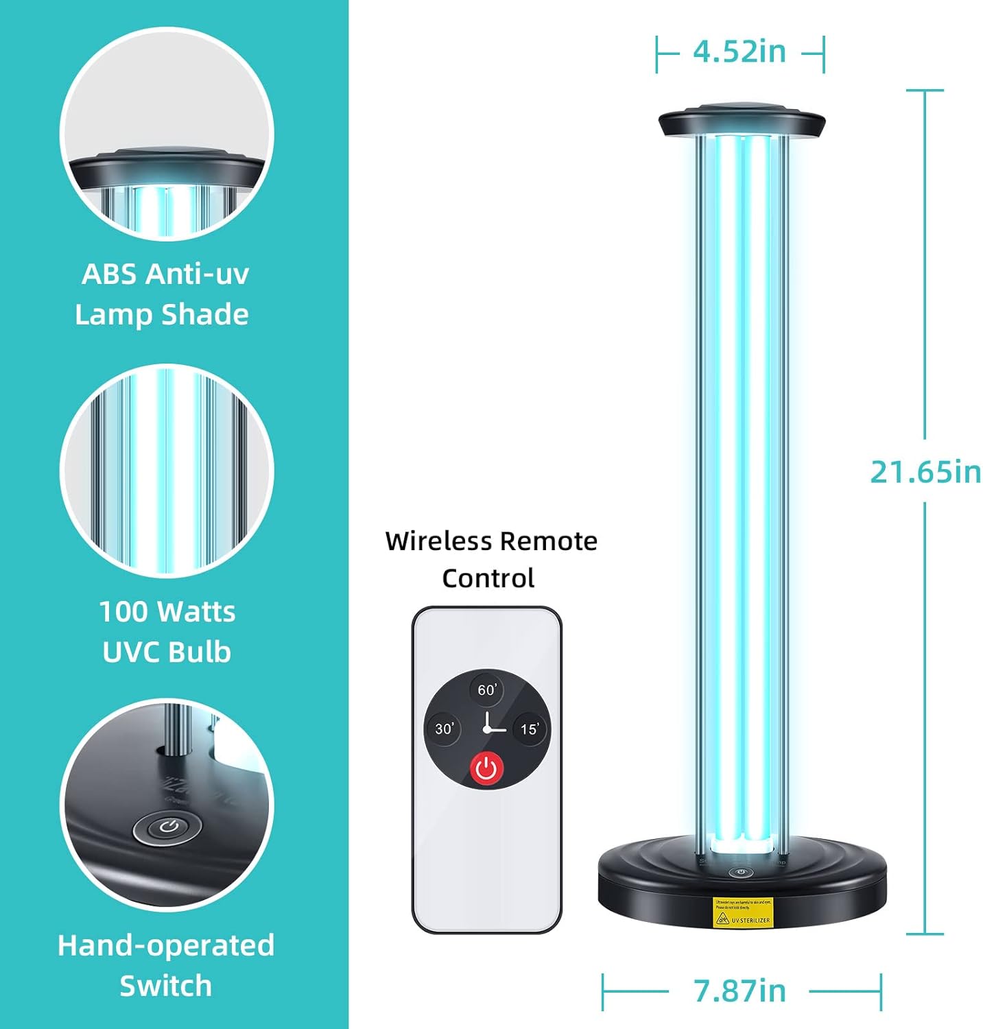 Lámpara germicida ultravioleta, desinfectante de luz UV sin ozono de 100 W para habitación grande, con control remoto de sincronización de tres