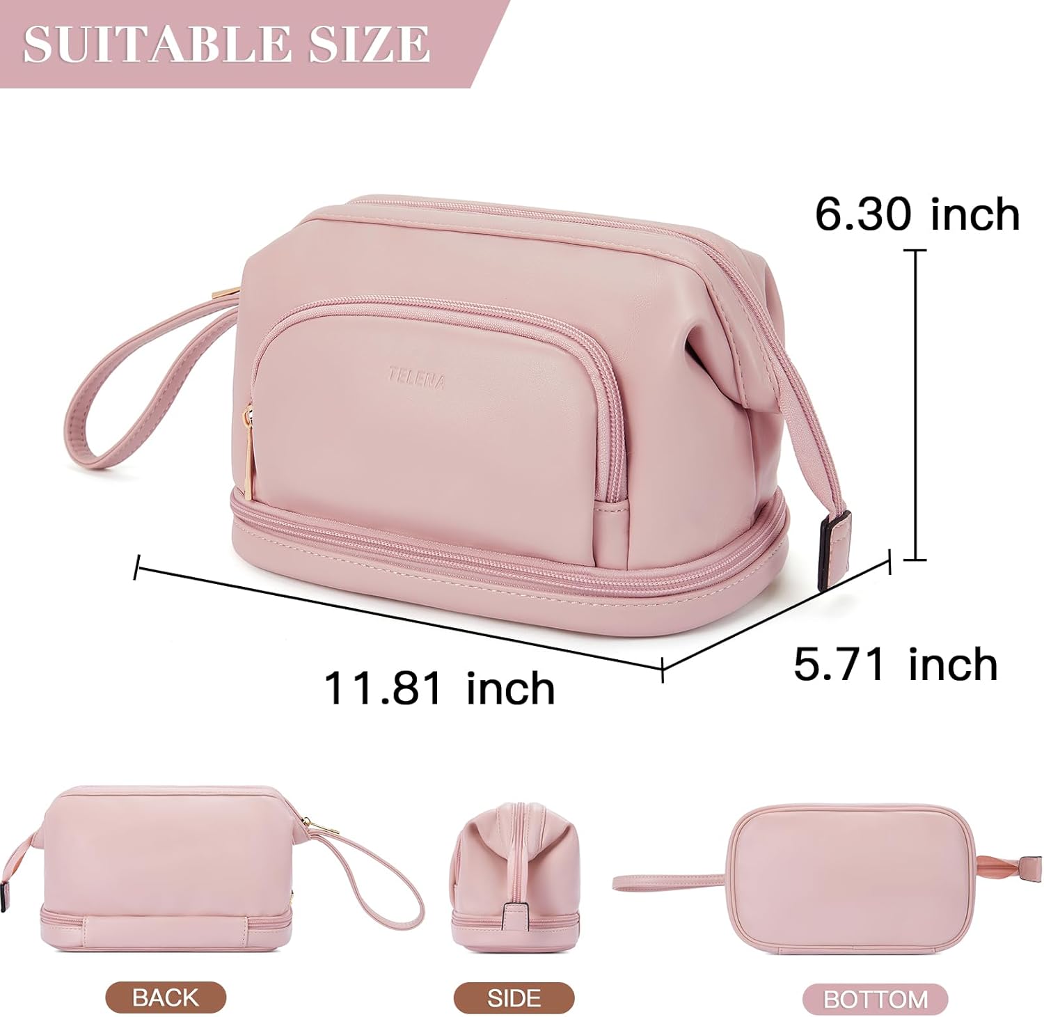 Telena Bolsa de maquillaje de gran capacidad, bolsas de cosméticos de viaje de doble capa, bolsa de maquillaje portátil de cuero para mujeres